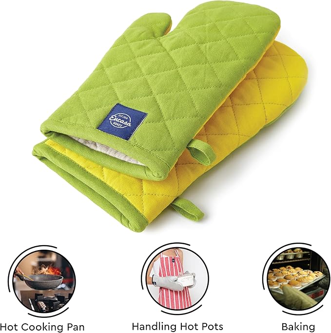 Encasa XO Heat Resistant Cotton Oven Gloves Mitts (2 Pc Set) - Quilted & Safe 12x7 in - for Kitchen, Cooking & Baking, Grilling, Handling Hot Pots & Pans - Lime Green