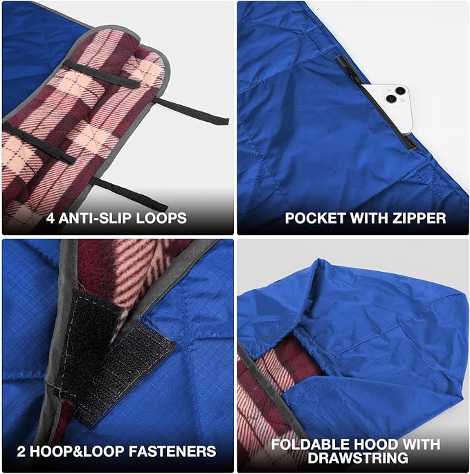 DUKUSEEK Waterproof Camping Blanket with Thick Fleece, Large Outdoor Blanket Windproof with Foldable Hood for Camping Stadium Sporting Events,79"x 58"…