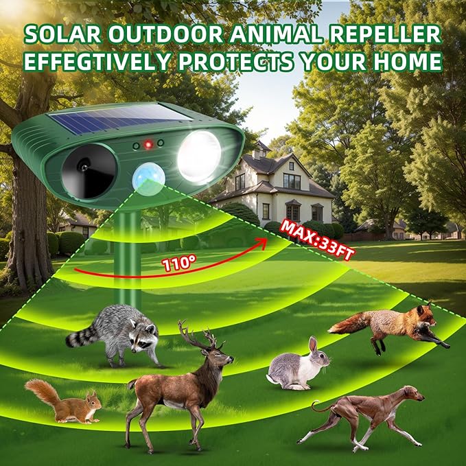 2Pack Solar Ultrasonic Animal Repellent Outdoor Deer Repellent Devices with Motion Detection&Flash Light Squirrel Rabbit Dog Cat Deterrent,Keep Rodent Chipmunk Raccoon Away for Yard Garden Lawn