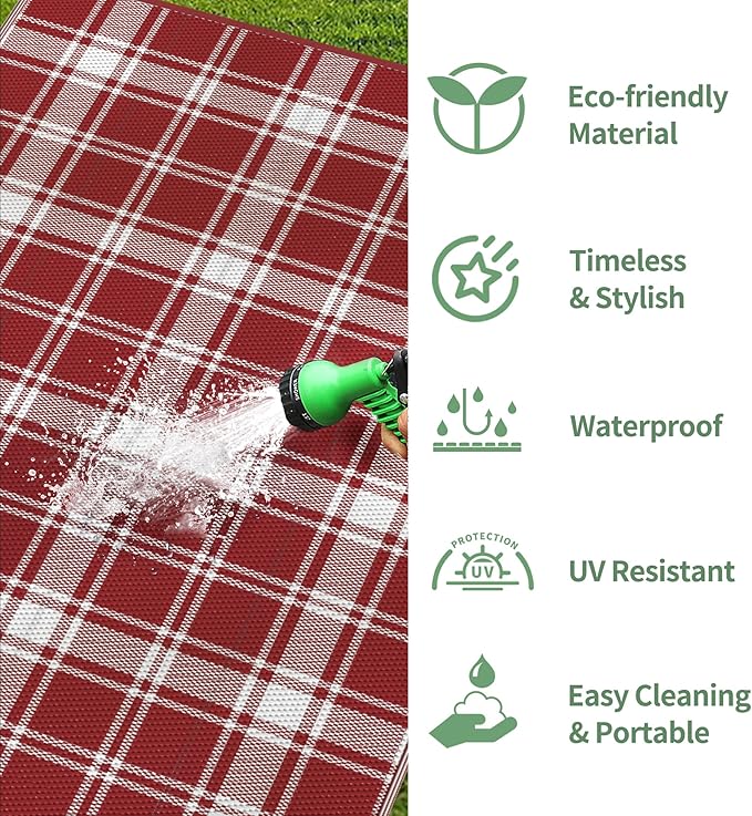 GENIMO Waterproof Outdoor Rug for Patio Clearance, 5'x8' Reversible Plastic Straw Rugs, Lightweight RV Camping Mat for Camper, Balcony, Deck, Backyard, Picnic, Red & White