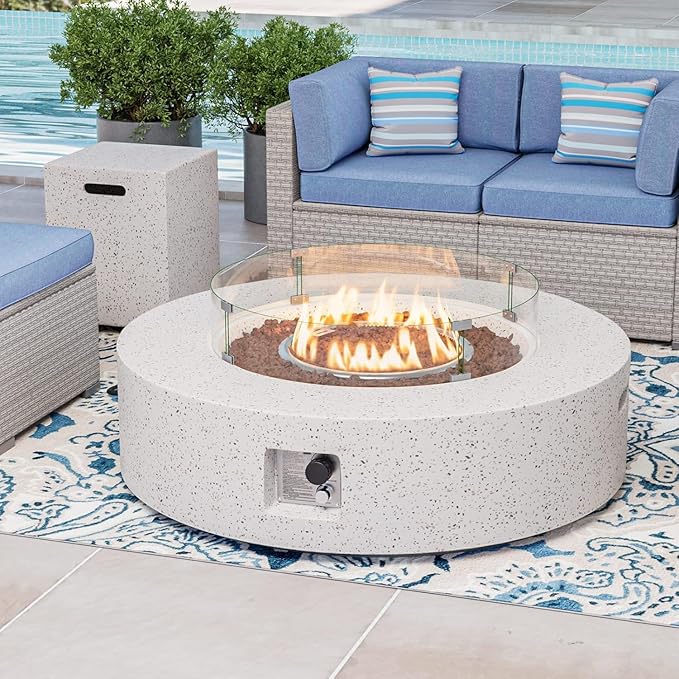 COSIEST 2-Piece Outdoor Propane Firepit Table Set w Tank Table, 42 inch Dark Fire Table CSA Certified, 50,000 BTU w Beige Round Base,Wind Guard and 16 inches Tank Side Table 20lb for Garden,Pool