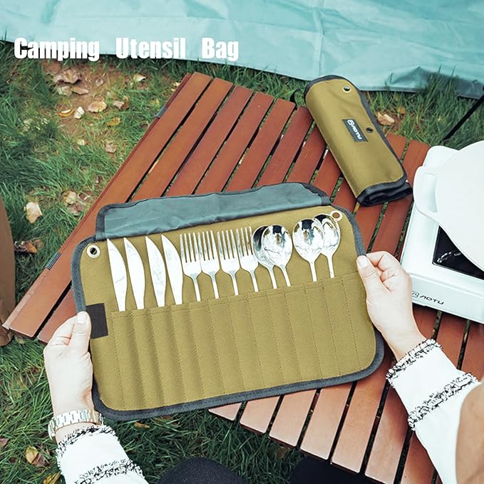 2pcs Camping Utensil Bag, Knife Roll Bag,Portable Knives Pouch,Canvas Roll Up Culinary Tableware Storage,Picnic Cutlery Organizer Bag,Cooking Utensils Hanging Bag,Travel Cutlery Pouch