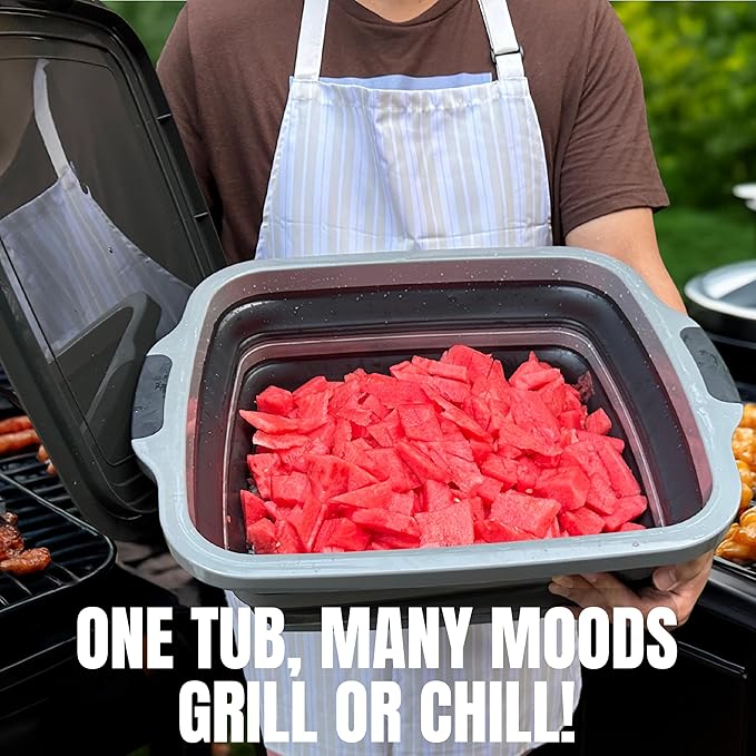 Collapsible X-Large (16L) BBQ Marinating Tub w/Cutting Board | Multipurpose Food-Grade TPE Prep Tub w/Lid | Built-in Colander & Drain Plug - for Camping | Tailgate | Picnic - Bold Orange