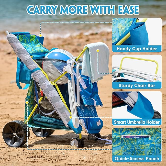 Beach Cart with Big Wheels for Sand, Collapsible All-Terrain Beach Wagon with Cooler Bag & Umbrella Holder, Large Mesh Storage, Supports 100lbs for Camping, Outdoor, Shopping, Palm Print