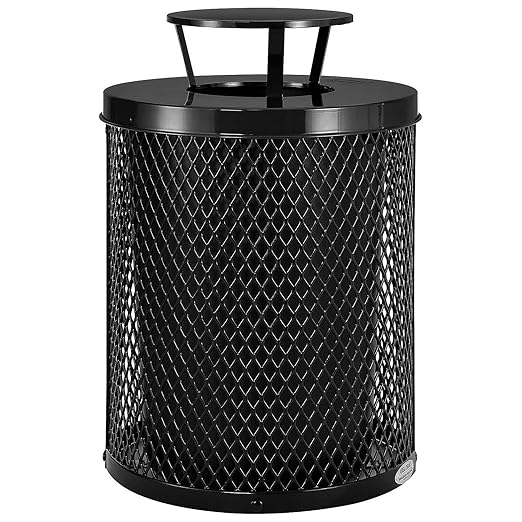 Global Industrial Outdoor Diamond Steel Trash Can with Rain Bonnet Lid and Plastic Liner, 36 Gallon Capacity, Black, Thermoplastic Coating, 23-1/2" Diameter, 40-1/2"H