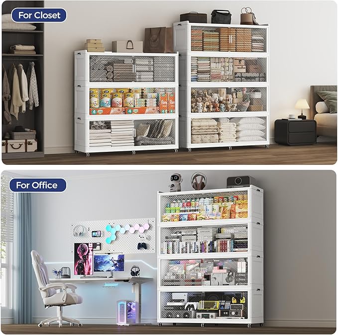 150GAL Extra Large Stackable Storage Bins with Lid, 600QT Plastic Closet Organizer and Storage Cabinet with Wheels and Doors, Folding Storage Box Container for Home Organization, 3Pack White