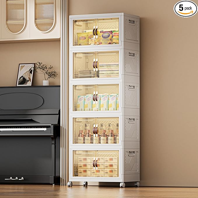 424 QT / 106 Gal Magnetic Door Storage Bins Collapsible Stackable w/1 Lid, Heavy Duty Plastic Cabinet with Wheels for Home Office Organization (White)