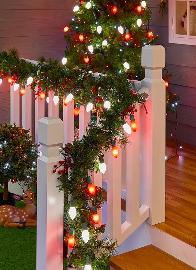 C9 LED Christmas Lights Outdoor, 50 Feet String with 50 Shatterproof Matte Bulbs, Connectable Waterproof Tree Lights for Holiday Roofline Backyard Garden Decor, Red & Pure White