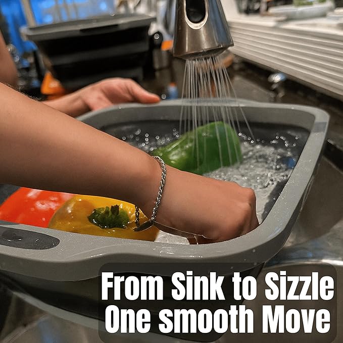 Collapsible Large (8L) BBQ Marinating Tub w/Cutting Board | Multipurpose Food-Grade TPE Prep Tub w/Lid | Built-in Colander & Drain Plug - for Camping | Tailgate | Picnic - Bold Orange