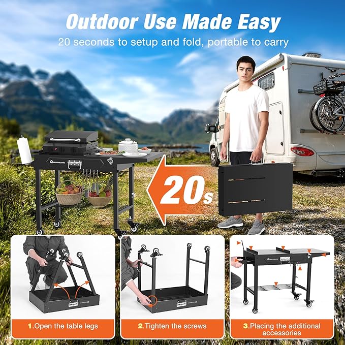 Grill Table for Outside, Portable Folding Grill Cart with Wheels and Adjustable Tabletop, 400 Lbs Weight Capacity, Movable Griddle Stand Fit 17'' or 22'' for Camping, BBQ, Cooking