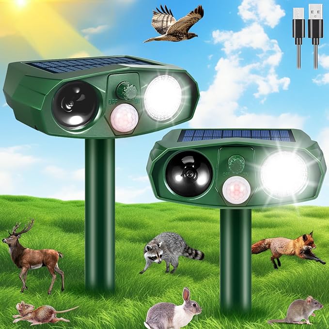 2Pack Ultrasonic Cat Repellent Outdoor Solar Animal Repellent with Motion Detection&Flash Light Animal Deterrent Devices Deer Repellent Devices to Scare Raccoon Rabbit Skunk Repellent for Yard