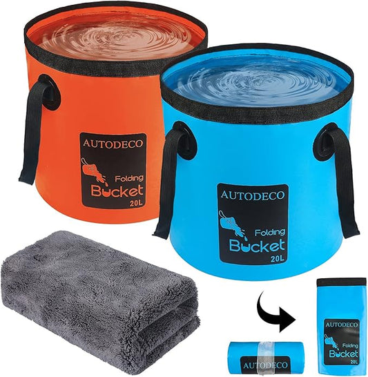 AUTODECO 2 Pack Collapsible Bucket 5 Gallon Container Folding Water Bucket Portable Wash Basin for Outdoor Travelling Camping Fishing Gardening Car Washing 20L