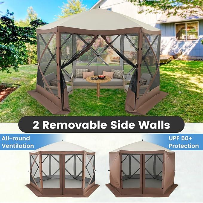 Tangkula 11.5x11.5 Ft Pop Up Gazebo with Netting, Portable Screen Tent with 6 Sided Mesh Walls, 2 Sunshade Cloths, Outdoor Instant Canopy Shelter with Carry Bag for Camping, Lawn, Backyard