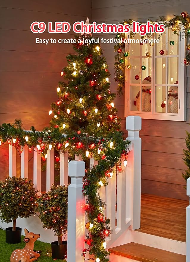 2 Pack C9 LED Christmas String Lights - Each 82ft 100 LED Outdoor String Lights with Timer and 8 Lighting Modes, Plug in Extendable Roofline Lights String for Outside Yard Christmas Holiday Decoration