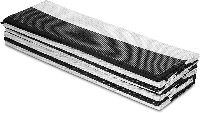 FH Home Outdoor Camping Rug - Waterproof, Fade Resistant, Reversible - Premium Recycled Plastic - Striped - Large Patio, Deck, Sunroom, RV - Brittany Stripe - Black & White - 9 x 18 ft Foldable