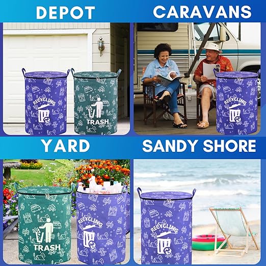 2 Pcs 30 Gallon Collapsible Trash Can Portable Waterproof Reusable with Zippered Lid for RV's, Camping, Recycling, Yard Waste, Leaf Bag, Children Toy Bin (Trash and Recycling)