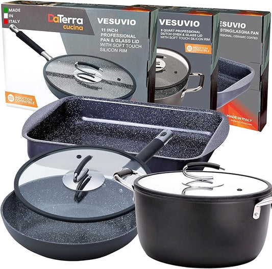 DaTerra Cucina Bundle - Nonstick Ceramic Cookware Set - 16.1" Roasting Pan, 11" Frying Pan with Lid, 8Qt Dutch Oven, Heat Resistant, Ceramic Cookware - Perfect for Everyday Cooking, Volcanic Black