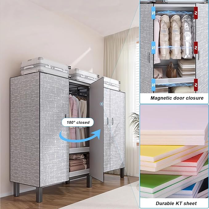 FPIGSHS Heavy Duty Clothes Rack with Magnetic Door 2000LBS Foldable Portable Wardrobe Closet for Hanging Clothing Rolling Garment Rack on Wheels for Bedroom Closet System (B(Grey Door, 71in)