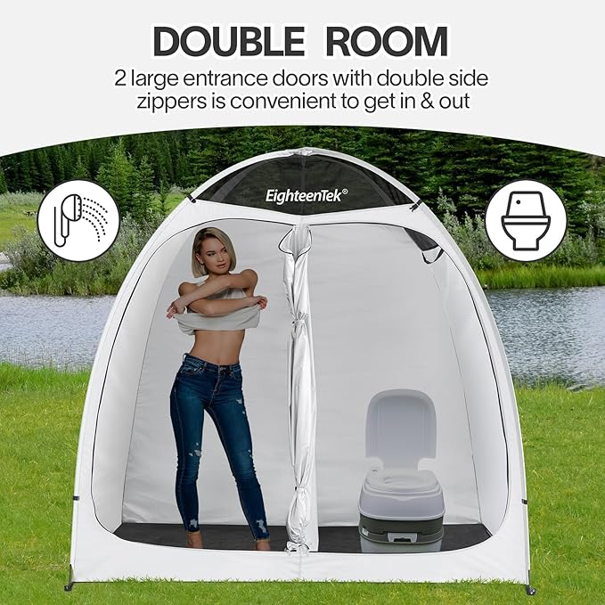 EighteenTek Shower Tent Camping, 2-Room Portable Changing Room, Outdoor Shower Enclosure, Pop Up Privacy Tent Shelter with Floor & Doors, Waterproof & Lightweight, Camping Toilet Bathroom