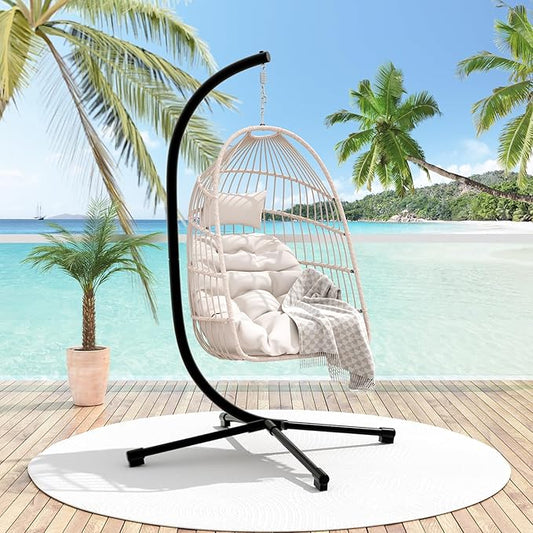 Foldable Hanging Egg Chair with Stand, HDPE Rattan and Heavy Duty Aluminum-Steel Frame, Outdoor Patio Wicker Swing Egg Chair with Headrest and Cushioned, 350 Lbs Capacity (Beige)