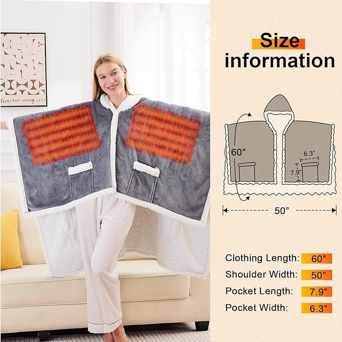 greenoak Wearable Heated Throw Blanket Electric Shawl - Heated Robe Poncho Blanket Hoodie for Adult, Winter Gifts for Mom Women Girlfriend Grandma 5-Position Timer 10-Heating Levels,Grey