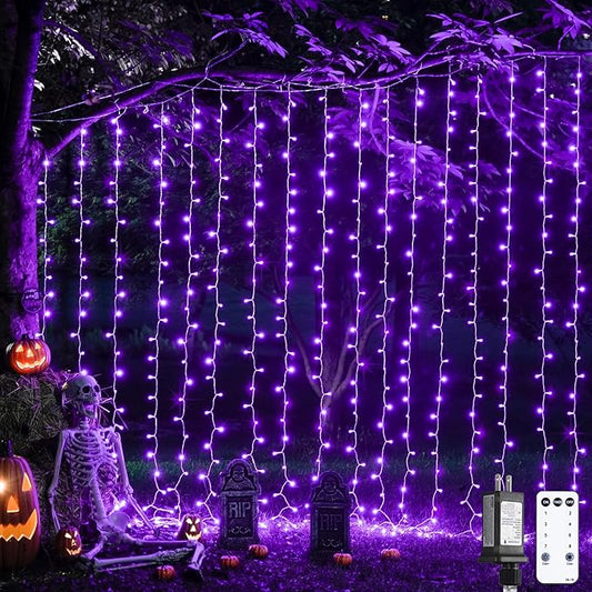 JMEXSUSS 300LED Purple Halloween Lights with Remote, Curtain Hanging Light Plug in, 8 Modes Purple String Lights for Bedroom Window Wall Party Backdrop Christmas Halloween Decorations