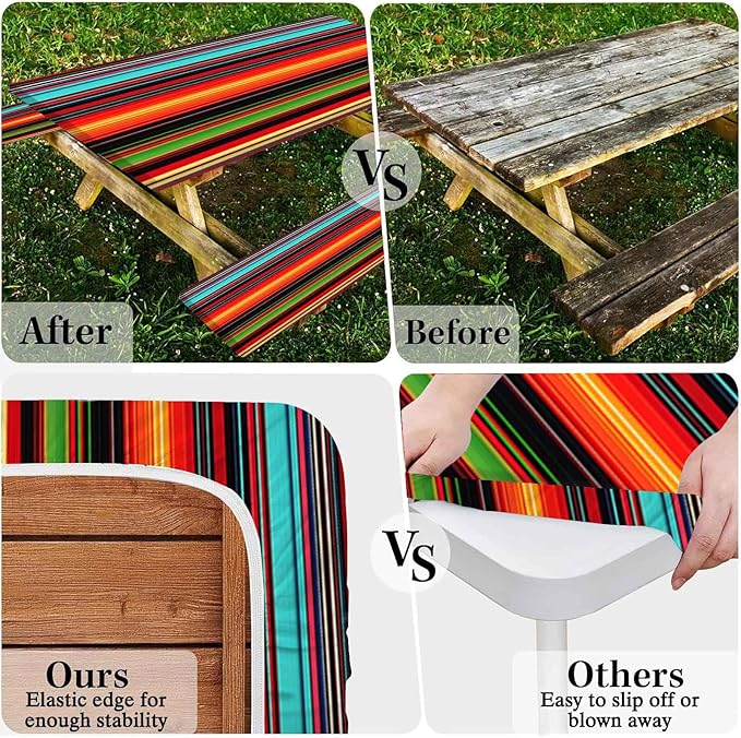 CAPSCEOLL Elastic Picnic Table Cover with Bench Covers 5Ft Waterproof Fitted Picnic Table Cover Cloths for Outdoors Camping Tablecloth with Drawstring Bag, 60X30in, Colorful Stripes