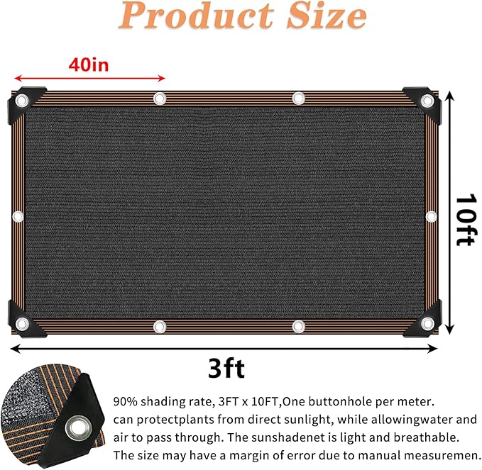 90% Shade Cloth for Garden Plant, 3x10FT Shade Neting with Grommets Outdoor Sun Black Shades Cover Shading Antifreezing for Plant Pergola Patio Shade Mesh Tarp Greenhouse Chicken Coop