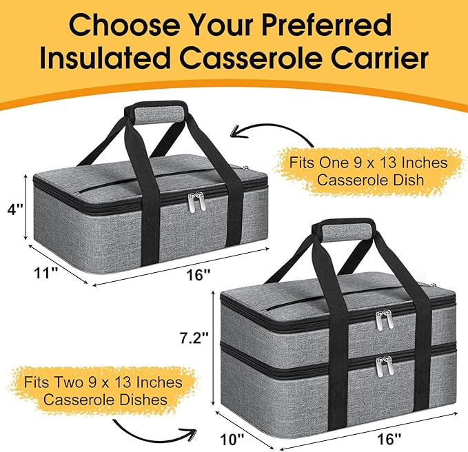 Insulated Casserole Carrier, Portable Casserole Carrier for Hot or Cold Food Lunch Tote Warmer or Cooler Bag, Lasagna Lunch Bag for Potluck Parties- Fits 9" x 13" Baking Dish-Grey