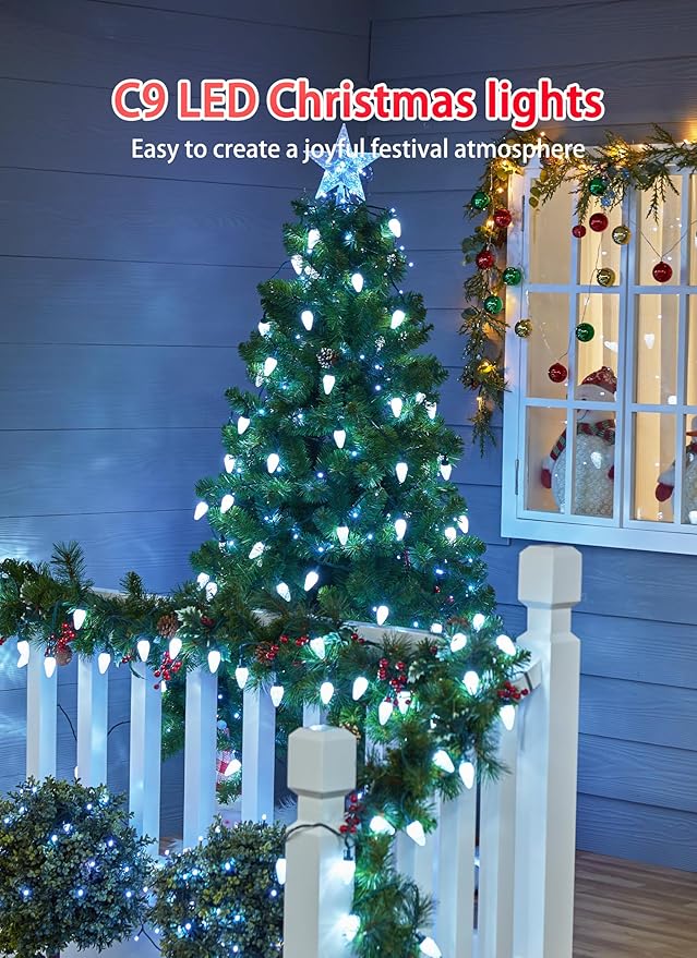C9 LED Christmas Lights Outdoor, 81 Feet 100 LED String Lights with Timer & 8 Lighting Mode, Waterproof Commercial Grade Extendable for Indoor Outside Roofline Patio Home Xmas Decoration, Pure White