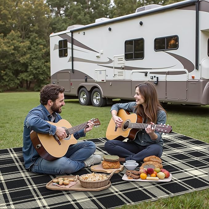 GENIMO Waterproof Outdoor Rug for Patio Clearance, 8'x10' Reversible Plastic Straw Rugs, Lightweight RV Camping Mat for Camper, Balcony, Deck, Backyard, Picnic, Black & Beige