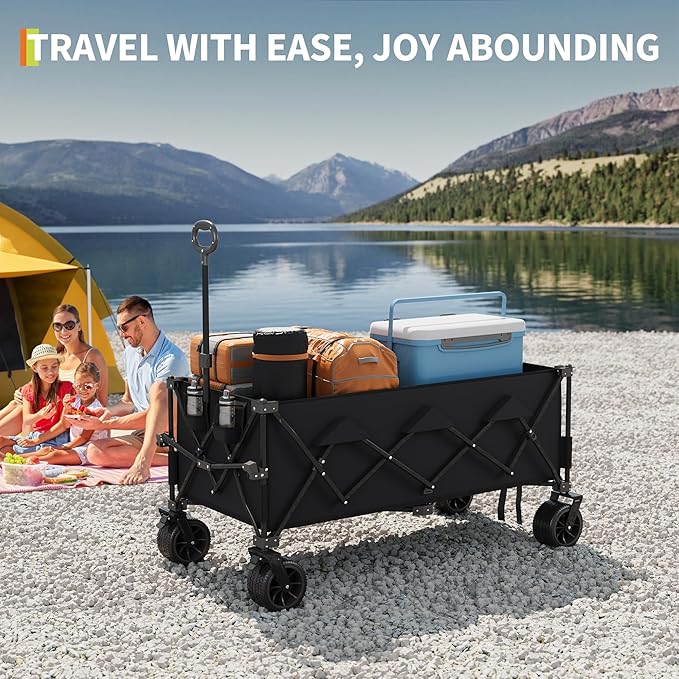 Heavy Duty Foldable Wagon for Beach, Extra Large Collapsible Foldable Wagon for Camping, All Terrain Beach Wagons Extended with Cup Holders for Sand