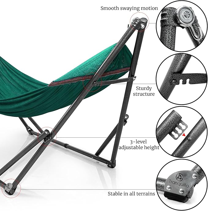 Tranquillo Double Hammock with Stand Included for 2 Persons/Foldable Hammock Stand 600 lbs Capacity Portable Case - Inhouse, Outdoor, Camping, Peacock