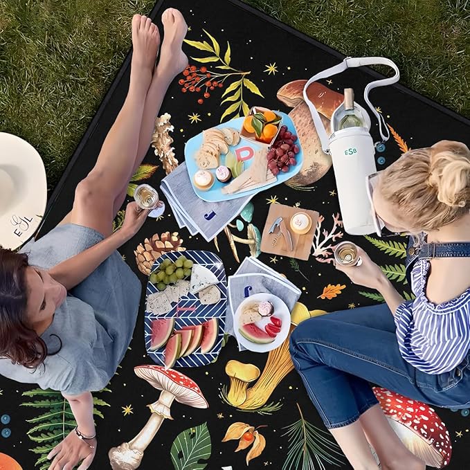 Mushroom Picnic Blankets Waterproof Foldable, 60″X80″Thick Three Layer Picnic Mat Outdoor Blanket for Grass,Cute Beach Blanket Sandproof Picnic Accessories for Camping Party Park Hiking