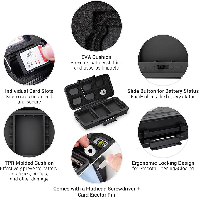 JJC Multi-Function Camera Battery Memory Card Storage Case for 6 SD Card,6 CFexpress Type-B/XQD Cards,5 CFexpress Type-A Cards,8 AA Batteries,3 Camera Batteries Holder Box for LP-E6 NP-FZ100 NPW235