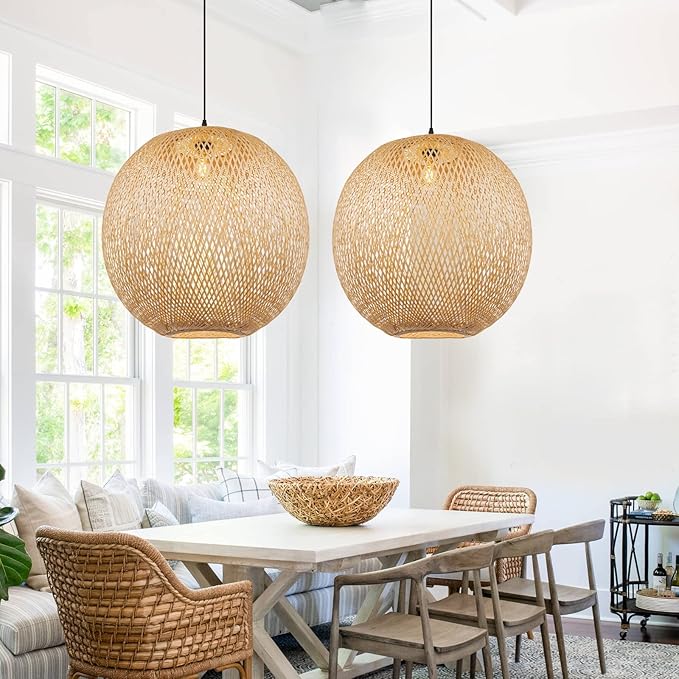 Arturesthome Natural Bamboo Pendant Lamp, Round Hanging Ceiling Light Wicker Chandelier, Hand-Woven Boho Basket Lampshade for Kitchen Island Living Room