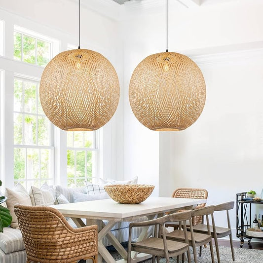 Arturesthome Round Bamboo Pendant Lights, Wicker Chandelier Hand-Woven Boho Basket Lampshade Hanging Ceiling Light for Kitchen Island Living Room