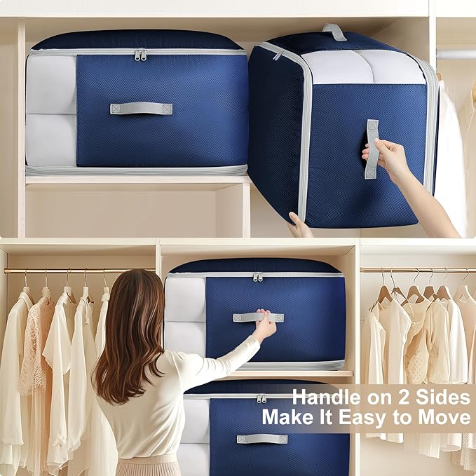 Comforter Storage Bag - 130L Blanket Storage Bags 3-Layer Ultra Space Saving Self Compression Organizer, Washable Compression Bags for Storage Comforter Blanket, 6-Pack, Navy Blue