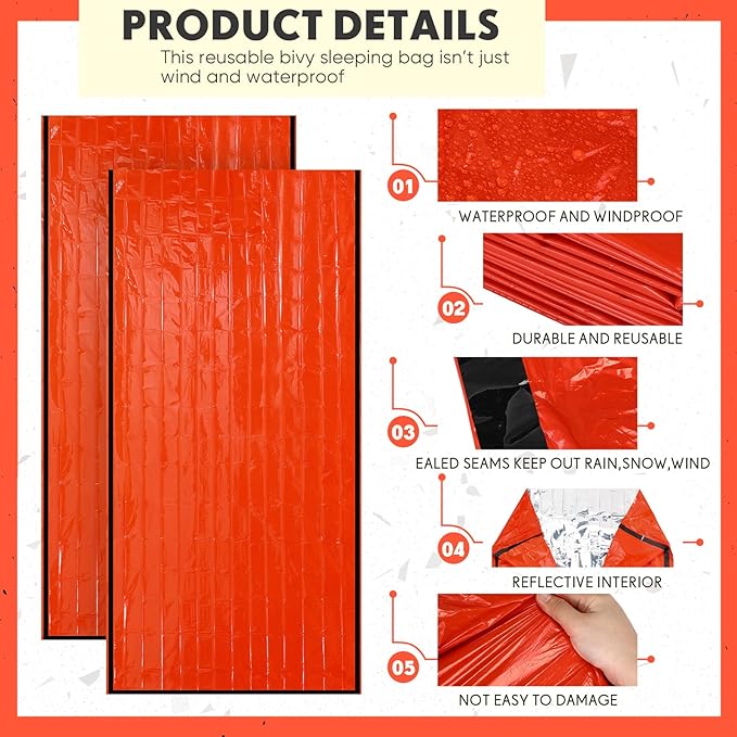 Qunclay 12 Set Emergency Sleeping Bag Survival Bivvy Sack Blanket with Whistles Lightweight Portable Thermal Survival Bag Thick Tent with Hood Extension Nylon Stuff Sack