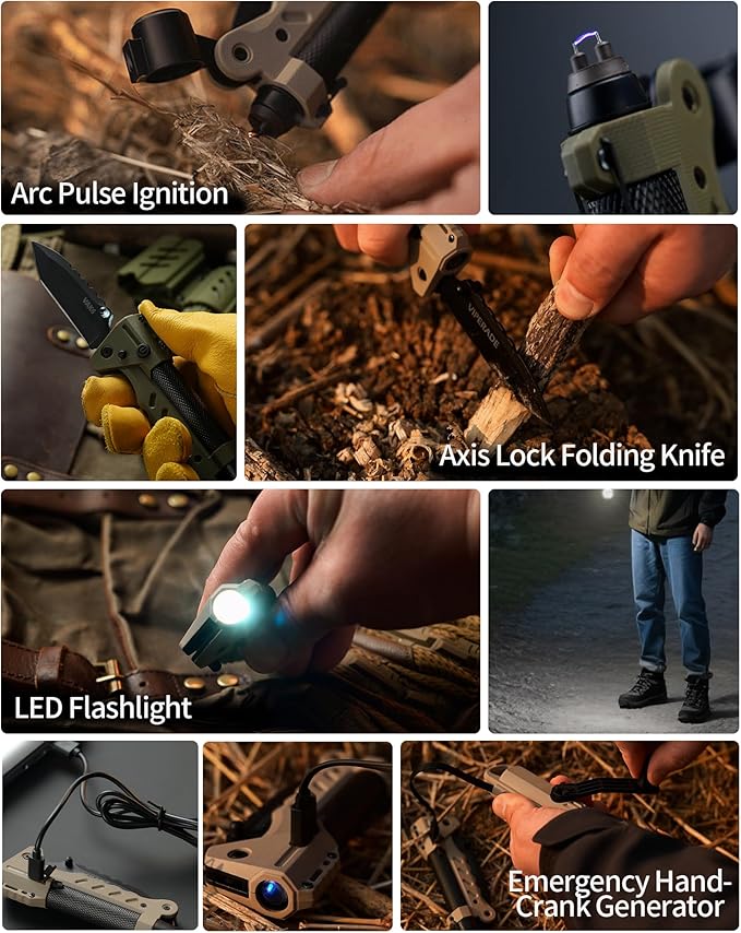 VIPERADE VAK6 Survival Multitool with Folding Knife, LED Flashlight, Pulse Ignition and Hand Crank Generator, Camping Multitool Knife Rechargeable Flashlight with Belt Sheath (Black)