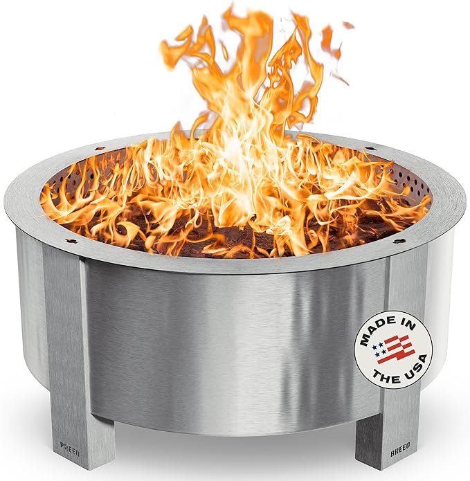 Breeo Smokeless Fire Pit (X Series 42, Stainless Steel, Lid Included) | 46 inch Smokeless Firepit for Outside | 190 Pounds | Ideal for Large GatheringsCompatible with Wide Range of Breeo Accessories