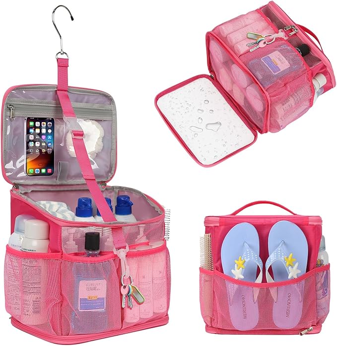 CUBETASTIC Shower Caddy Portable Mesh Shower Tote for Bathroom, Gym, Travel, Camping - Quick Dry Hanging Organizer Toiletry Bag with Handle for College Dorm Room, Men & Women (A# Hot Pink, 9.8")