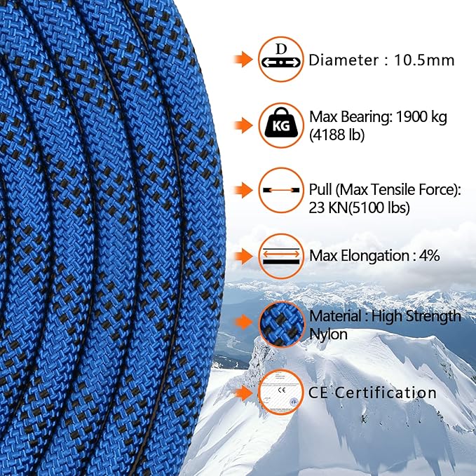 AOLEBA 10.5 mm Static Climbing Rope 10M(32ft) 20M(64ft) 30M(96ft) 50M(160ft) 70M(230ft) Outdoor Rock Climbing Rope, Escape Rope Ice Climbing Equipment Fire Rescue Parachute Rope