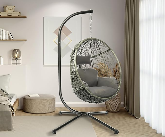 DoubleTT Indoor/Outdoor Egg Chair with Stand, Swing Hammock Hanging Chair Nest Basket, UV Resistant Removable & Washable Cushions,350LBS Capacity for Bedroom, Balcony, Garden