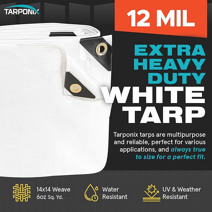 10' x 10' Extra Heavy-Duty White Poly Tarp – 12 Mil Thick, Waterproof, UV-Resistant Polyethylene with Reinforced Edges, Double-Stitched Hems, and Rustproof Grommets