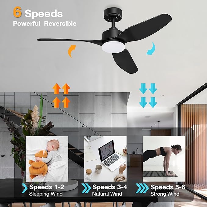 48” Smart Ceiling Fans with LED Lights Remote,Quiet DC Motor,Dimmable,Outdoor Indoor Modern Ceiling Fan Controlled by WIFI Alexa App,3 Black Blades for Bedroom Living Room Patio Porch