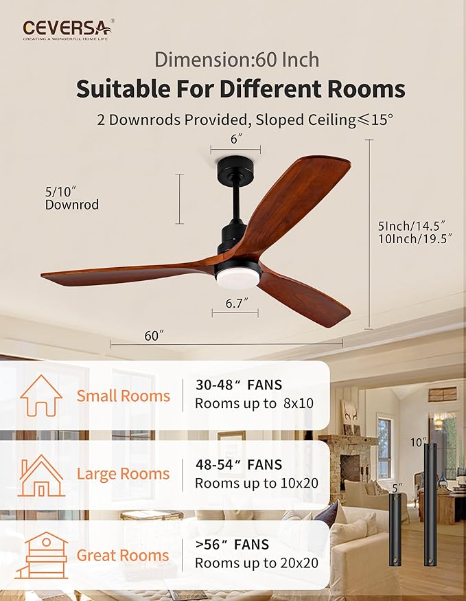 60 Inch Outdoor Ceiling Fans with Lights and Remote, 3 Blade Wood Ceiling Fan, Noiseless Reversible DC Motor for Patio, Living Room, Bedroom, Indoor, Farmhouse