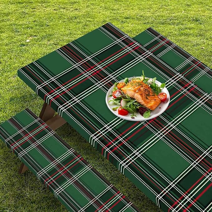 CAPSCEOLL Elastic Picnic Table Cover with Bench Covers 5Ft Waterproof Fitted Picnic Table Cover Cloths for Outdoors Camping Tablecloth with Drawstring Bag, 60X30in, Christmas Green Buffalo Plaid