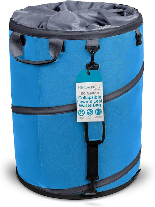 BIRDROCK HOME Collapsible Lawn and Leaf Waste Bag with Lid - 30 Gallon - Heavy Duty Reusable Camping Trash Can - Hardshell Bottom for Yard Debris, Garage Storage - Portable Garden Bin - Blue
