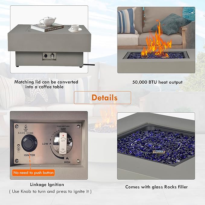 32.5-inch Fire Table with Natural Gas Conversion Kit, 50,000BTU Outdoor Modern Patio Fire Pit Table w/Square Burner Lid, Glass Rocks, Cover